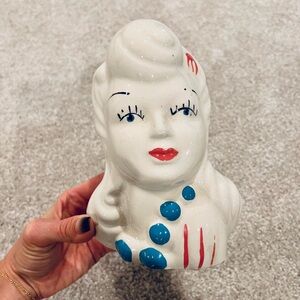Vintage Ceramic Lady Head Vase - White, Blue, Pink